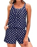 Tempt Me Blue Dot Romper One Piece Swimsuits with Short - Women Boyleg with Pockets Bathing Suit Modest Swimwear L