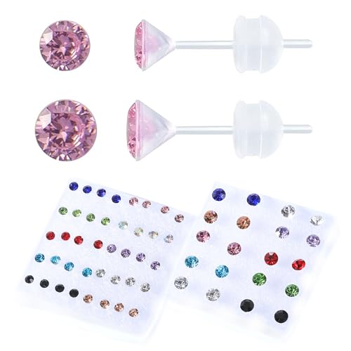 30 Pairs CZ Plastic Post Earrings for Girls - Hypoallergenic Stud Earrings for Sensitive Ears - Main Image