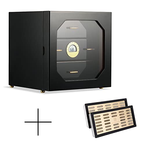 Woodronic Cigar Humidor Cabinet For 50-100 Cigars With Extra 2 Crystal Gel Humidifiers Set, Spanish Cedar Lining, Trays & Dividers, Digital Hygrometer, Polished Piano Black #TOP10