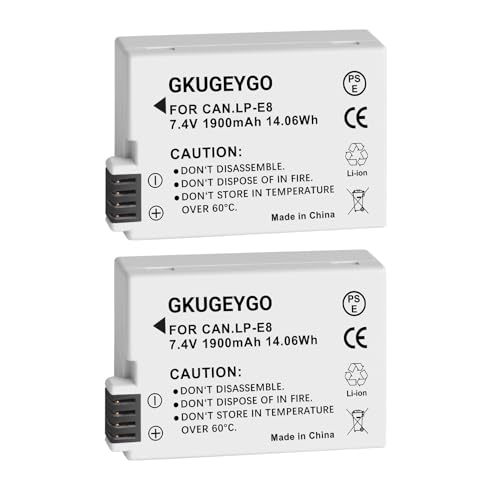 GKUGEYGO LP-E8 Battery 2-Pack, 1900mAh 7.4V Replacement Lithium-Ion Batteries for Canon EOS Rebel T3i, T5i, T4i, T2i, 550D, 600D, 650D, 700D, Kiss X4 X5 X6 Cameras