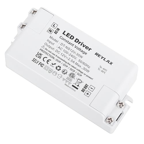 REYLAX LED Transformator 12V 30W, LED Treiber, Elektronischer Trafo, 2500mA 230V Auf 12V DC Schalt Niedervolttrafo, Konstantspannungs Netzteil für Led Lampen Nicht Dimmbar - 94x43x23mm