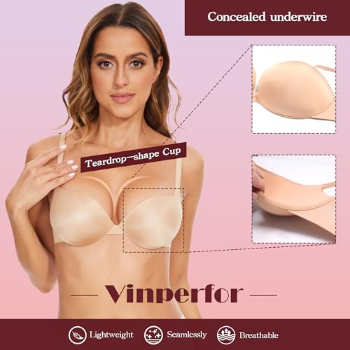 Women's Plunge Push Up Bra-Scoop Neckline Invisible Underwire Low Back-Sexy Demi Balconette T Shirt Bra for Comfort Lift4