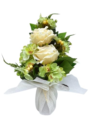 Genérico Ramo de Flores Artificiales para Cementerio, con Rosas y Hortensias, 46 cm, en Telas de Yute