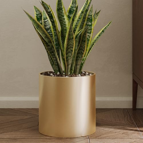 Rioneta Metal Plant Pot with Drainage Hole,Mid Century Modern 7 inch Round Pot Indoor Outdoor Planters Gift for Decorative Pots of Tabletop Living Room Bedroom Gold
