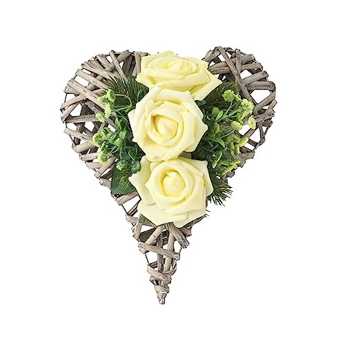 Rattanherz mit 3 Rosen 30 cm Rosengesteck Rosenherz Geschenkidee...