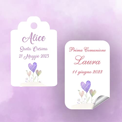 10 pezzi Cartellini o Adesivi per bomboniera personalizzati, cuori, semplici, 3x4,5 centimetri, bomboniere, etichette,matrimonio, battesimo, comunione, cresima, tag palloncini