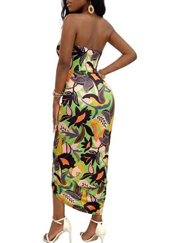 Image of Umenlele Women's Strapless Ruched High Waist Wrap Split Asymmetrical Beach Maxi Long Dress