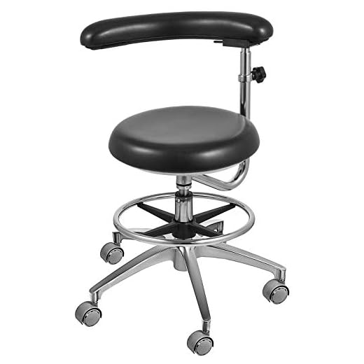 Aries Outlets Black Dental Assistant Stool 360° Rotation Armrest PU Leather Backrest Medical Office