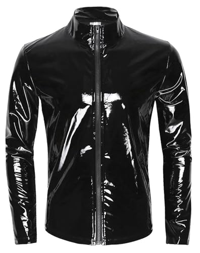 SEAUR Men's Shiny Patent Leather Jacket Casual Slim Fit Leather Muscle Tank Top T-Shirts Nightclub Party Clubwear