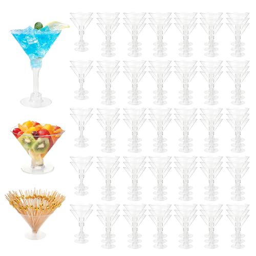 RETON Juego de 100 vasos de plástico para martini, vasos de cóctel reutilizables de 5 onzas, tazas altas de margaritas con 100 palillos de frutas, mini tazas de postre reutilizables para fiestas,