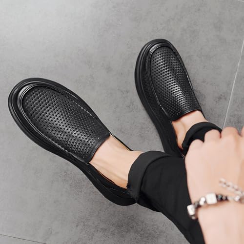 Men's Hollow Leather Platform Shoes Summer Comfortable Breathable Slip On Lightw Soft Bottom Penny Loafer Outdoor Driving Travel Casual Walking Shoes4