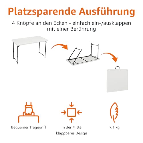Amazon Basics Klapptisch, rechteckig, 4-fach höhenverstellbar mit Tragegriff, für drinnen und draußen, tragbar, leicht, Reisetisch, Picknick, Camping, Weiß, 121,4 x 60,7 x 86,1 cm