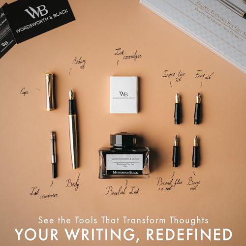 Image of Wordsworth & Black Fountain Pen Gift Set, 6 Cartridges, Refill Converter, 4 Replacement Nibs, Premium Package, Journaling, Calligraphy, Smooth Writing Pens [Silver Gold]