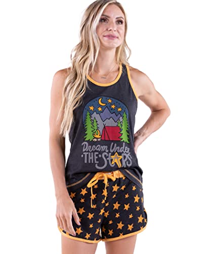 Lazy One Matching Pajamas for Women, Cute Pajama Shorts and Tank Top Set, Camping, Forest (Dream Under The Stars, Small)
