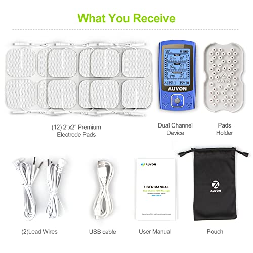 Auvon Dual Channel Tens Ems Unit 24 Modes Muscle Stimulator For Pain Relief, Rechargeable Tens Machine Massager With 12 Pads, Abs Pads Holder, Usb Cable And Dust-Proof Storage Bag #TOP6