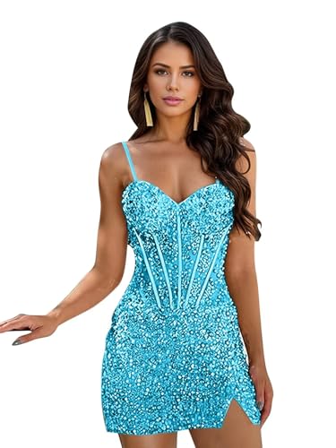 Sparkly Short Homecoming Dresses 2025 for Teens Spaghetti Straps Prom Dress Sequin Corset Cocktail Evening Gowns ABCH124