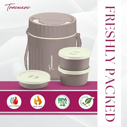 Image of Trueware SNAKK 2 Insulated Hot Lunch Box with 3 PP Container, 2 Container 300 ML Each & 1 Container 200 ML, Food Grade, BPA Free | Office Lunch Box | Tiffin Box