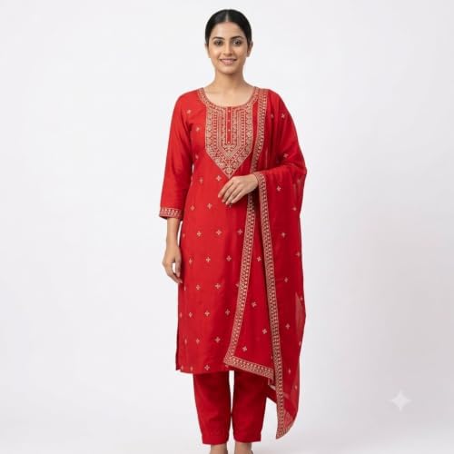 Image of Women's Embroidered Pant with Dupatta Set Ethnic Straight| Traditional Elegant Embroidery Work | Regular Fit | Three-Piece Ethnic Dress Set