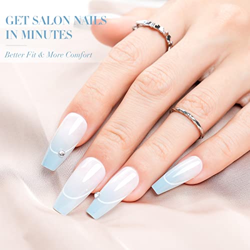 Blue Press On Nails Medium Coffin, Jofay Fashion Fake Nails With Rhinestone Designs, Ombre False Nails With Glue, Acrylic Nails Natural & Reusable, Stick On Nails For Women & Girls, Ice And Snow,24Pcs #TOP2