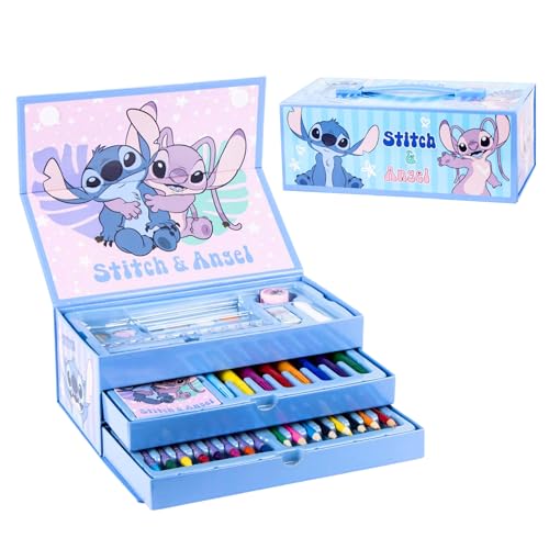 Disney Stitch Juego de Papelería, Incluye Lápices de Color, Rotuladores, Acuarelas, Pincel, Esponja, Lapiz, Sacapuntas, Borrador, Ceras de Color, Cuaderno, Estuche Maletin, Set Escolar Niñas