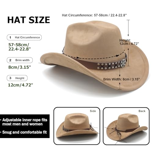 Image of Cowboy Hat for Women Men Wide Brim Western Cowgirl Hat Roll up Brim with Belt Buckle Classic Suede Country Cowboy Hat