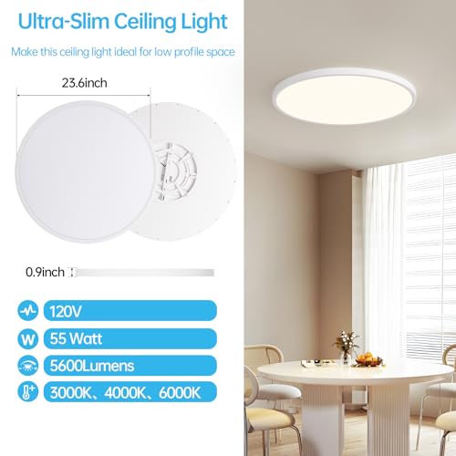 Stkzenod 24 Inch Large LED Flush Mount Ceiling Light Fixture,55W,5600LM,3000K/4000K/6000K CCT Selectable,0.9 inch Super Slim Round Ceiling Light for Bedroom,Hallway,Kitchen (Dimmable White 2PK) by Stkzenod - Used condition - Image 4
