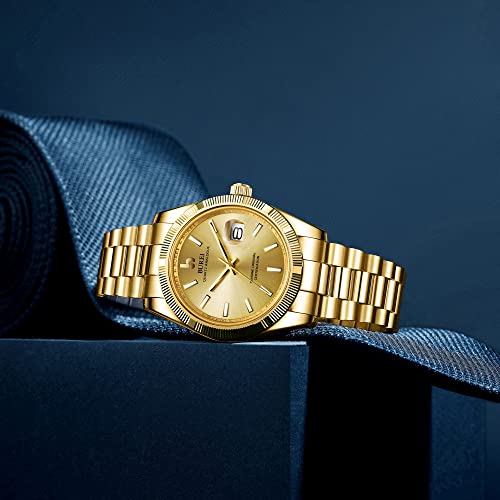 Burei Mens Luxury Quartz Watch Gold Dial Analog Calendar Display Antireflective Sapphire Crystal With Stainless Steel Case And Band,Gold #TOP3