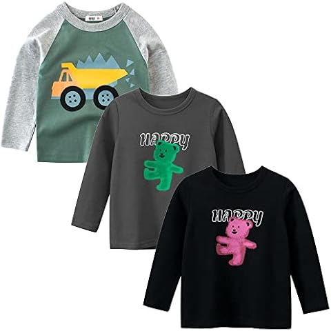 TOKYMOON Camiseta de manga larga para niño, algodón estampado, primavera, otoño, 1 – 7 años, paquete de 3 unidades, gris, 134-140 cm Cover
