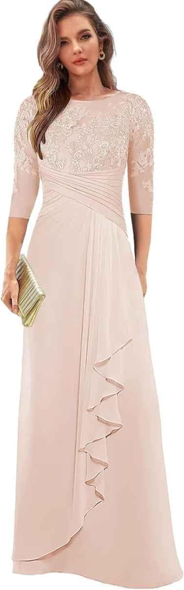 Chiffon Mother of The Bride Dresses for Wedding Ruffles Long Evening Dress with Sleeves Lace Formal Gown