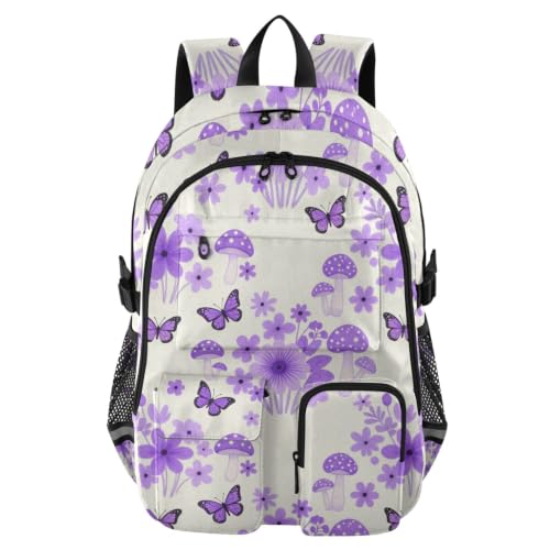 Mochilas de viaje con hongos morados para proteger libros de la lluvia
