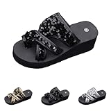 Hausschuhe Damen Pantoffeln mit Pailletten Plattform Sandalen Plateau Strandschuhe Keilabsatz Hausschlappen Peep Toe Sommerschuhe Wedges Strass Schuhe Frauen Bequeme Strandsandalen