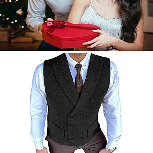 Men's Double Breasted Herringbone Tweed Waistcoat Vintage Lapel Business Wedding Suit Vest For Tuxedo Suit (Color : Black, Size : 4X-Large) #TOP6