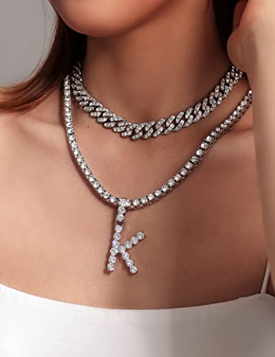 Funeia 2Pcs Silver Initial Cuban Link Chain For Women Layered Diamond Tennis Necklace Iced Out Letter Pendant Choker Necklace Bling Cz Alphabet A-Z Hip Hop Jewelry #TOP1