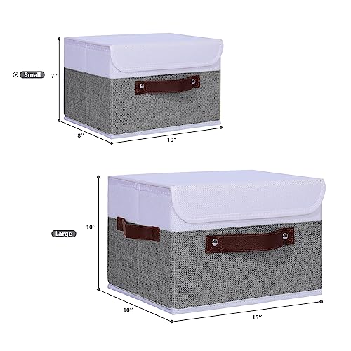 Anminy Fabric Storage Bin With Lid Pu Leather Handles Pp Plastic Board Decorative Foldable Washable Lidded Cotton Linen Storage Boxes Cubes Baskets Closet Organizer Container - Gray White, Small Size #TOP4