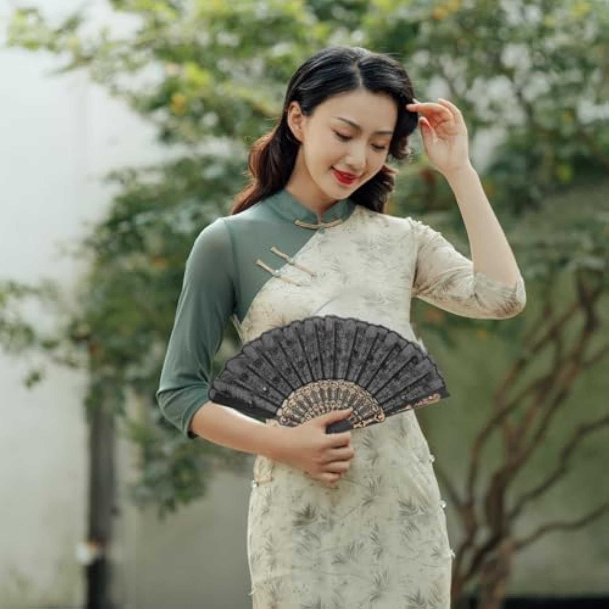 Black Embroidered Sequin Folding Fan for Dance