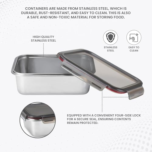 Image of MILTON Modulo Steel Rectangular Container with lock lid, Set of 3 (600,1200 & 2200 ml)|Airtight & Leakproof|Microwave & Oven safe| Light Weight | School, Office or Picnic use, Silver