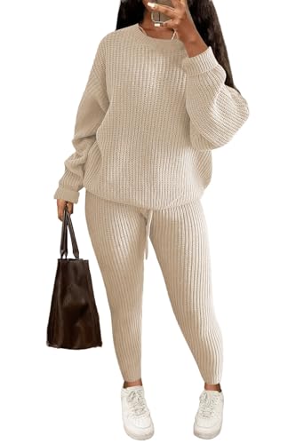 Nimsruc Knit Two Piece Outfits For Women Sweater Sets Beige