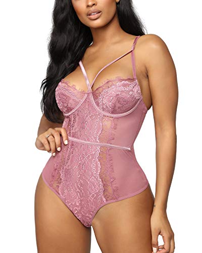 Aranmei Women's Sexy Eyelash Lace Bodysuit Sna-p Crotch Teddy Lingerie (Rose XX-Large)