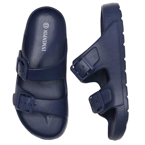 Inminpin Boys Girls Double Buckle Slide Sandals Comfort Beach Pool Shower Slippers Adjustable Indoor Outdoor Little Kid/Big Kid,Deep Blue,1 Big Kid thumb #1