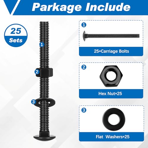 Image of Zonon 50 Sets 1 /4-20 x 3 Stainless Steel Carriage Bolts and Nuts Kit Round Head Square Neck Carriage Bolts Screws and Hex Nuts and Flat Washers, Stainless 18-8 Full Thread Coverage (Black)