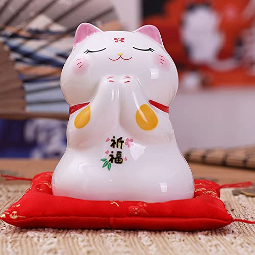 Realideas Lucky Cat, Good Luck Cat,4.25 Inch Porcelain Maneki Neko Lucky Cat Praying Cat Figurine Statue Coin Bank thumb #1