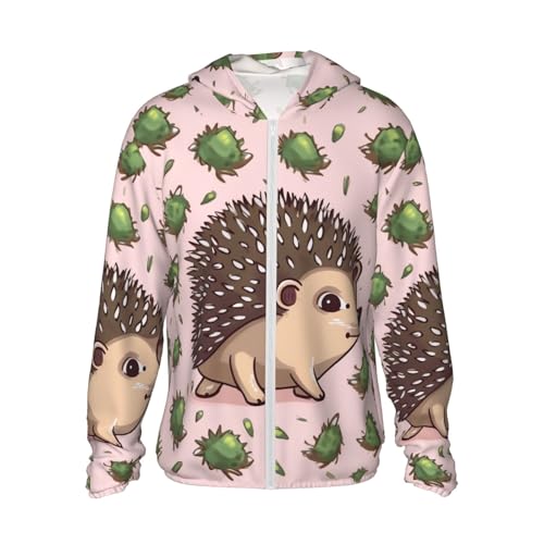 Camiseta masculina Cartoon Hedgehog com capuz e proteção solar FPS 50+, manga comprida, Rash Guard,