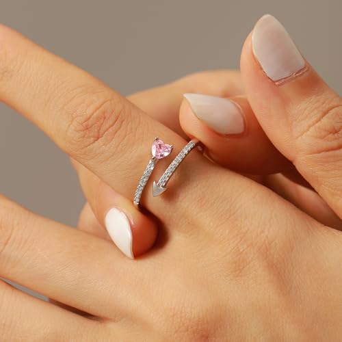 Pink Heart Promise Ring for Women Mother 925 Sterling Silver One Arrow Pierces Heart Ring White Birthstone Open Rings to Daughter Trendy Elegant Statement Stackable Band Wedding Jewelry Gift4