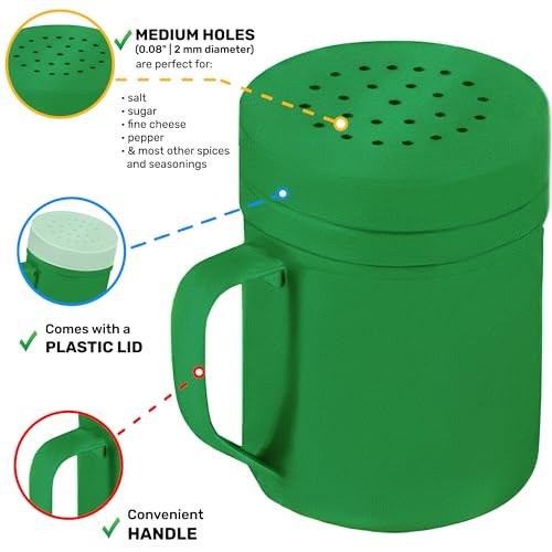Image of CUSINIUM 6oz Forest Green Stainless Steel Salt Pepper Dredge Shakers - With Plastic Cap - With Handle - Pack of 2
