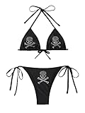 WDIRARA Women's Skull Pattern Halter Triangle Thong Sexy 2 Piece Bikini Swimsuit Skeleton Black M