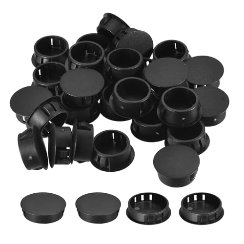 Image of uxcell 1-1 /2 inch Plastic Hole Plugs, 26Pcs Flush Type Panel Round Snap in Fastener Knockout Locking Plugs for Furniture Insert End Caps Panels, Black