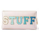 Y1tvei STUFF Makeup Bag Large - Preppy Patch Extra Large Stuff Varsity Letter Makeup Bag Sewn with Blue Letter PU Leather Waterproof Cosmetic Pouch Toiletry Zipper Organizer Gift for Women(Shell Gold)