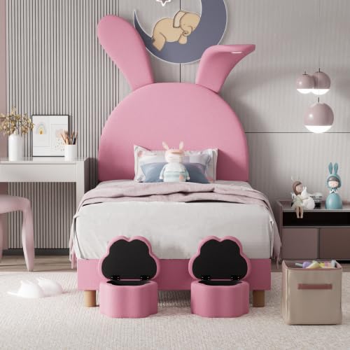 Sapgaks Cama acolchada 90 x 200 con dos taburetes de almacenamiento y luces LED, cabecera ajustable en altura con orejas de conejo plegables, terciopelo, rosa (colchón no incluido)