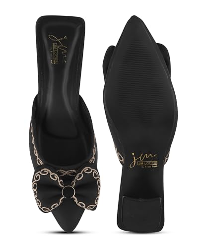 Image of JM LOOKS Elegant Pointed Toe Block Heel Mules Featuring Sophisticated Bow Detail and Ornate Textured Embroidery