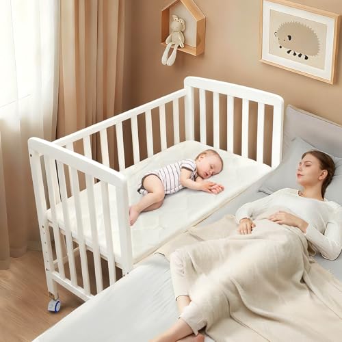 Flwrgirl Baby Bassinets Bedside Sleeper - Portable Pine Wood Bedside Bassinet,6 Heights Small Mini Crib with Mattress,Space-Saving Design Baby Crib for Newborns 0-12 Months,White